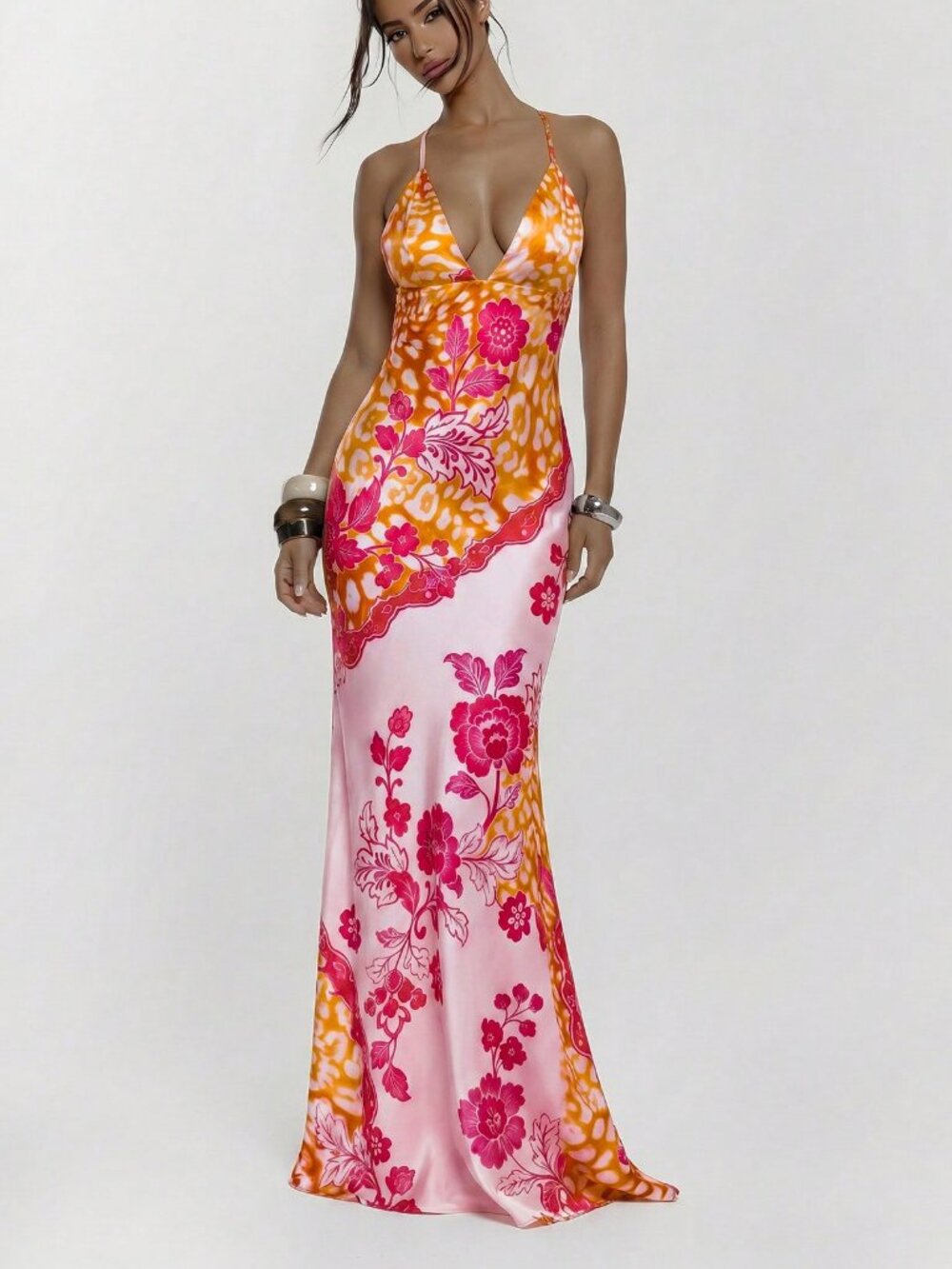 Pink Sexy Women's Fitted floral Print Maxi Dress Party